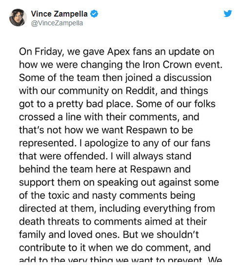 Respawn CEO apologizes for insulting Apex Legends players
